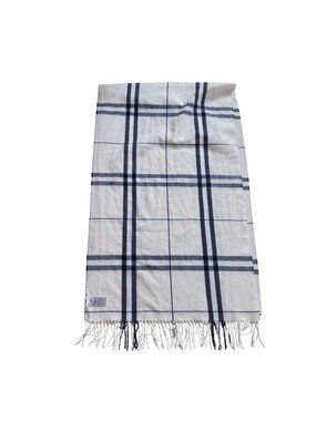 Gap Women's Blanket Scarf OS Plaid Fringe Oversized Long Rectangle Ivory Blue